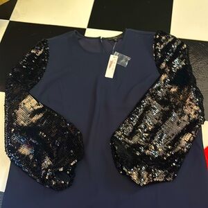 I crew women collection black sequin sleeve navy chiffon blouse XL and NWT